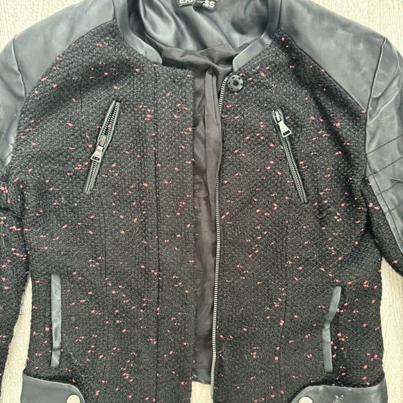 Express Faux Leather Jacket Cropped Tweed Motorcycle Edgy Urban Boho Biker Small - Picture 8 of 16